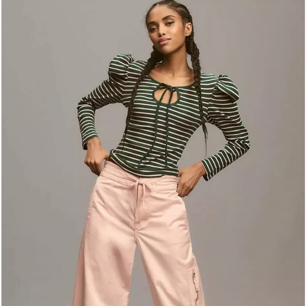 Porridge Anthropologie Green Pink Striped Puff Sleeve Ribbed Top
